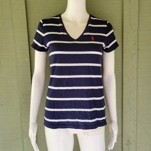 RALPH LAUREN SPORT Navy Blue Striped T-shirt Top Small S